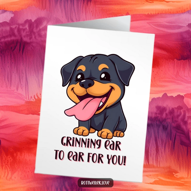 Funny Free Printable Congrats Card: A Kawaii Rottweiler beaming with a huge, happy grin, tongue hanging out.