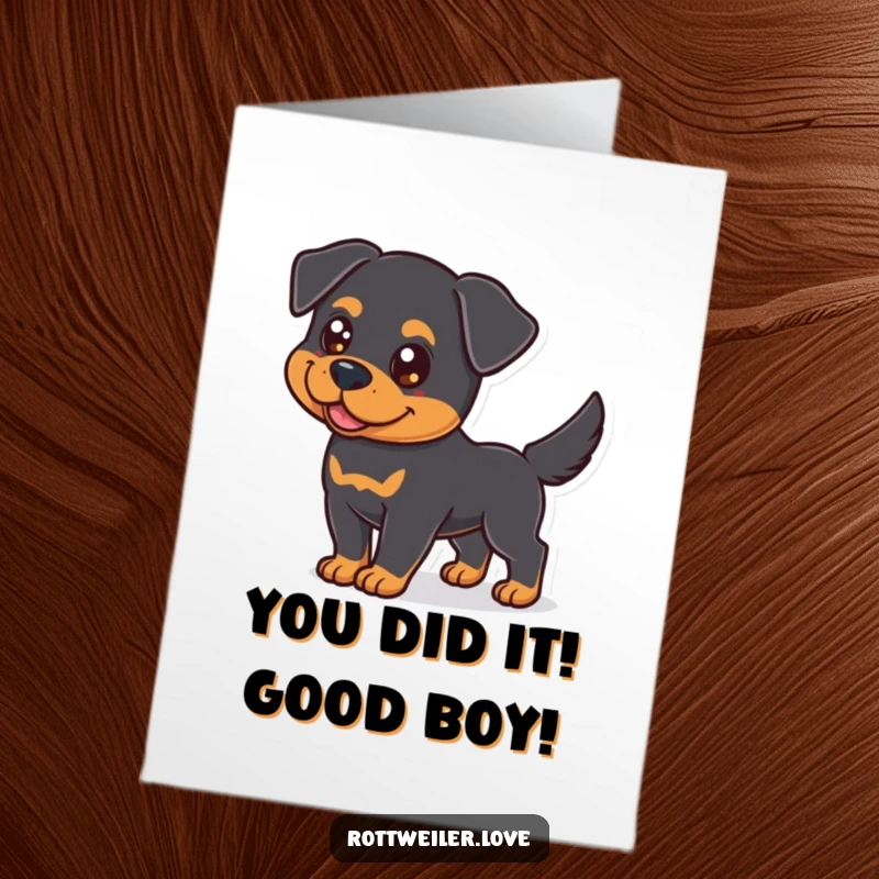 Funny Free Printable Congratulations Card showing a cheerful Rottweiler wagging its tail, celebrating success with pure joy.