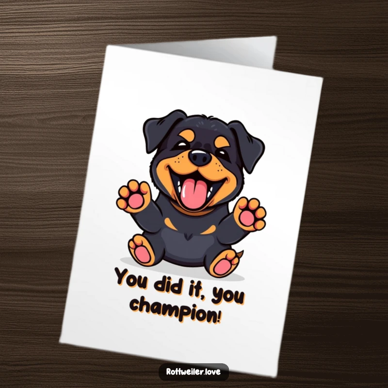 Funny Free Printable Congrats Card: Adorable Kawaii Rottweiler barking with enthusiasm, paws up in celebration.