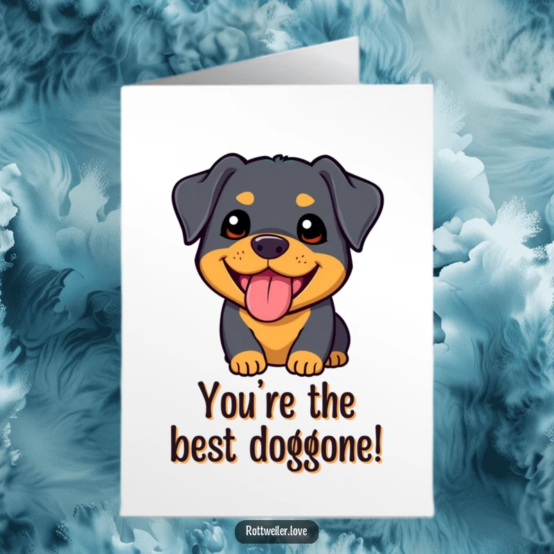 Free Printable Congratulations Card featuring an irresistibly cute kawaii Rottweiler, panting happily to celebrate an achievement.