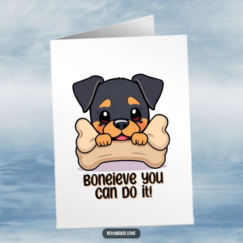 Funny Free Printable Congratulations Card showing a curious Rottweiler peeking playfully from behind a big bone.