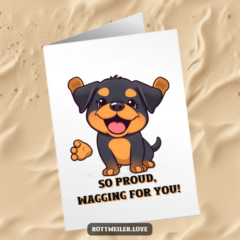 Funny Free Printable Congrats Card: Kawaii Rottweiler whose entire body wags uncontrollably with joyful congratulations.