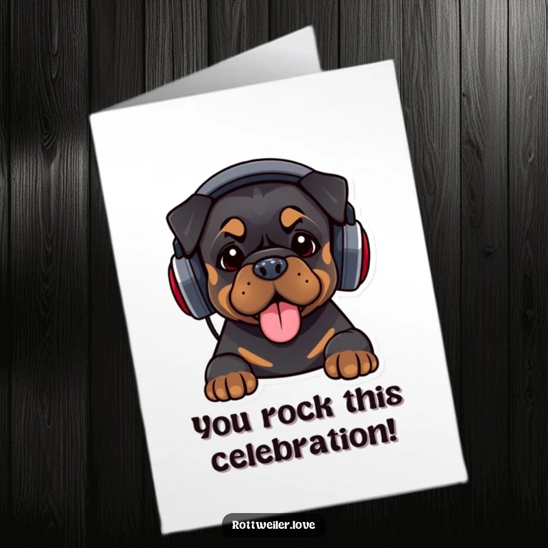 Funny Free Printable Rottweiler Congratulations Card: A Rottweiler with oversized headphones, head bopping to celebrate a victory.