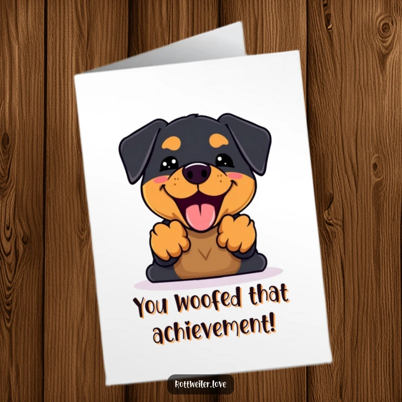 Funny Free Printable Congratulations Card: Kawaii Rottweiler with a happy bark and paws up, celebrating success.