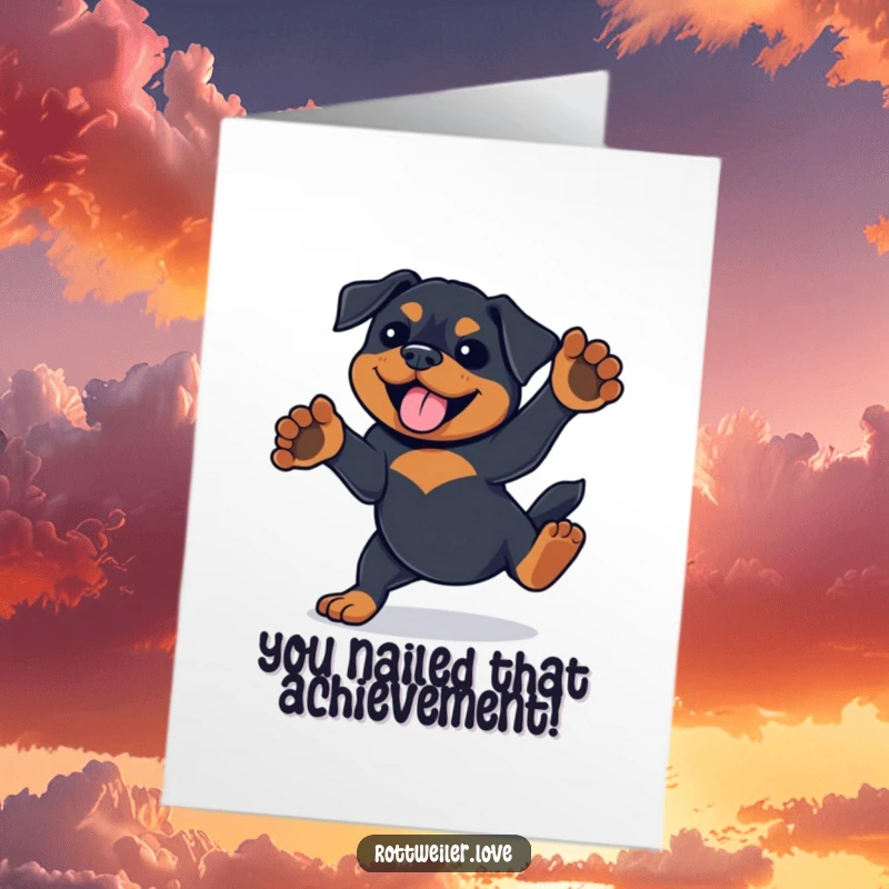 Funny Free Printable Congratulations Card: Rottweiler doing a playful spin with paws in the air, celebrating an achievement.