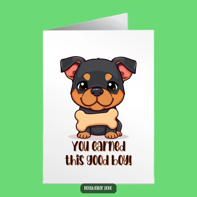 Free Printable Rottweiler Congrats Card: Shy Dog Shares Bone for Your Win!