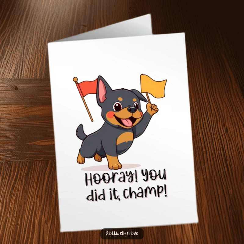 Funny Free Printable Congratulations Card: A Rottweiler with a big smile waves a small, bright flag.