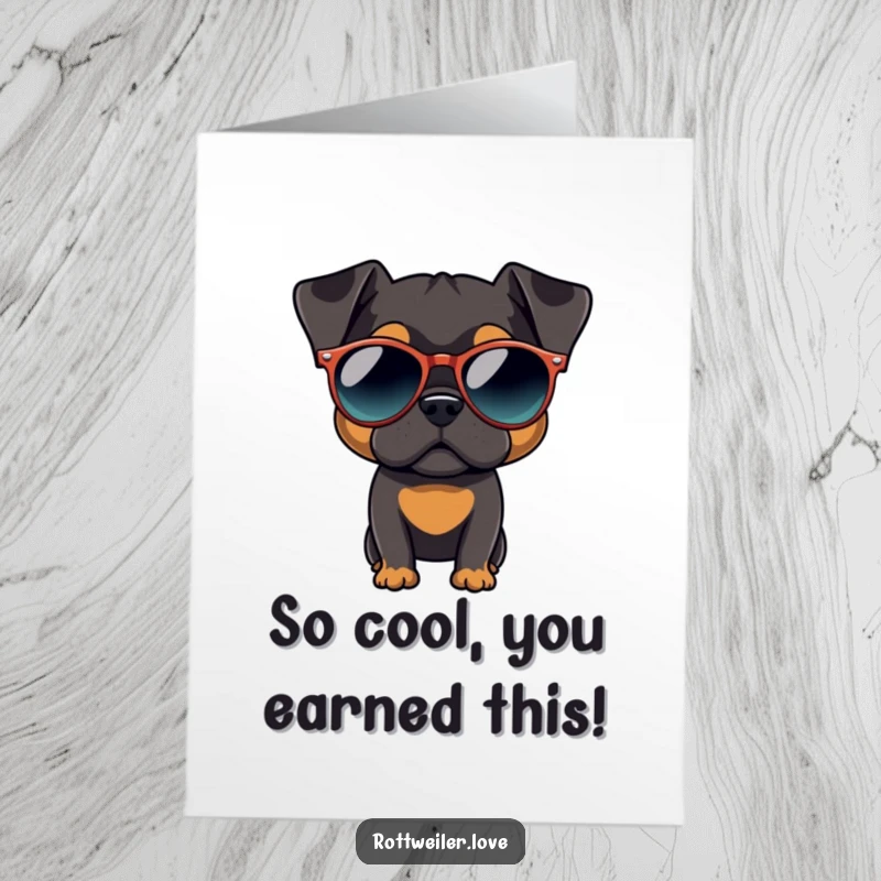 Funny Free Printable Congratulations Card: A Rottweiler rocks oversized round sunglasses, looking effortlessly cool.