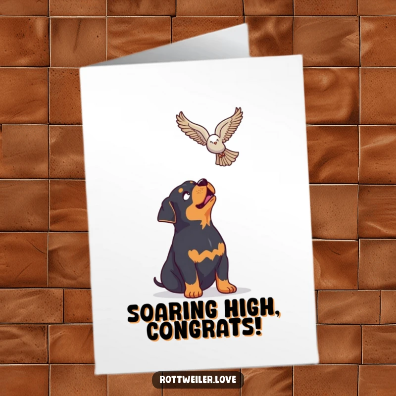 Free Printable Congratulations Card: An enthusiastic rottweiler gazing upwards at a majestic soaring bird, celebrating your success.