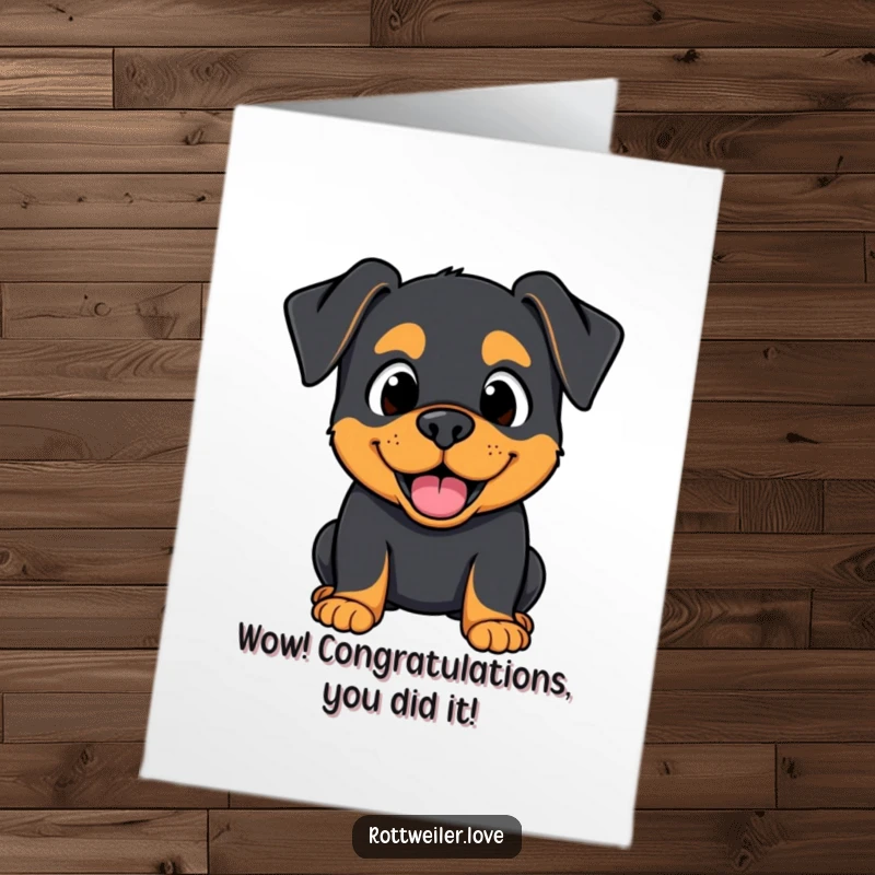 Funny Free Printable Congrats Card: A Kawaii Rottweiler showing a surprised but happy expression, like wow, they did it!