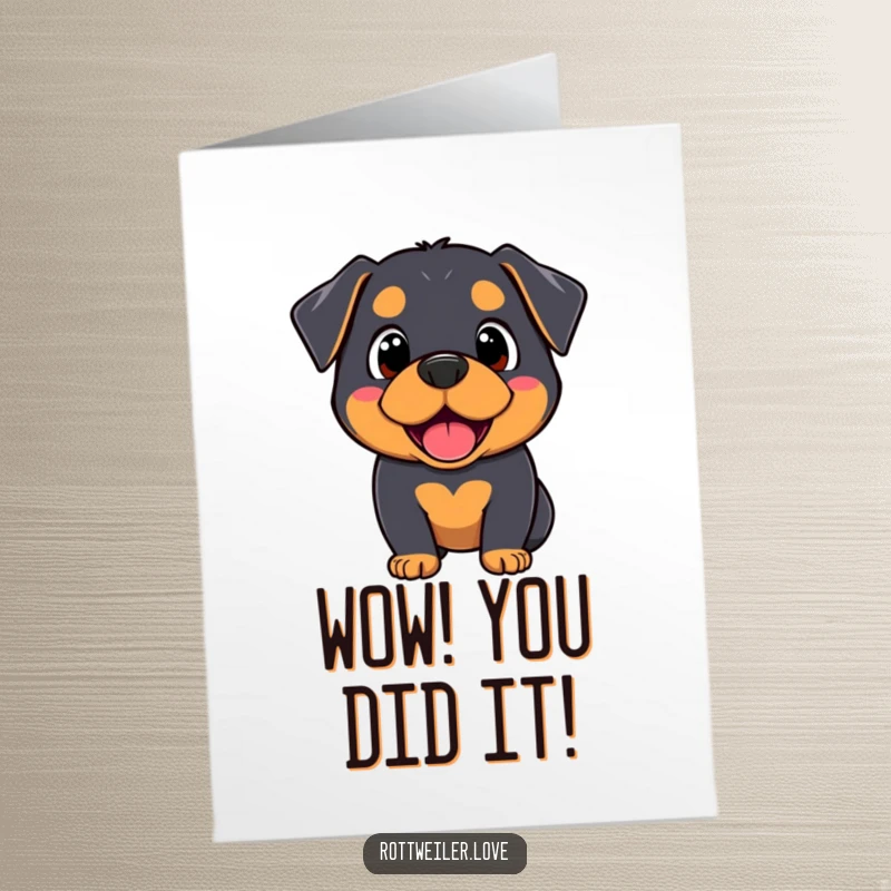 Funny free printable congratulations card featuring a Kawaii Rottweiler with a surprised yet joyful face, celebrating your success.