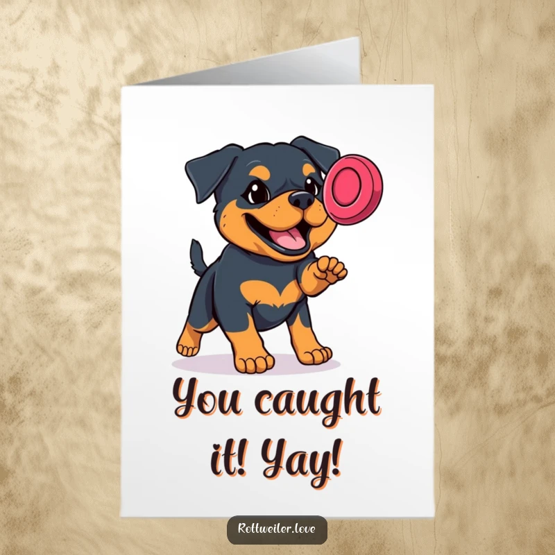 Funny free printable congratulations card showing a determined Rottweiler mid-air, catching a frisbee for your DIY celebration.