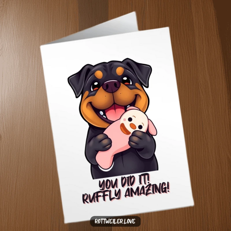Funny free printable congratulations card depicts a beaming Rottweiler holding a floppy squeaky toy, ready to celebrate.
