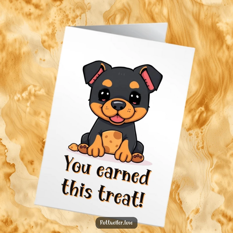 Funny Free Printable Kawaii Rottweiler Congratulations Card offering a treat with a hopeful look.