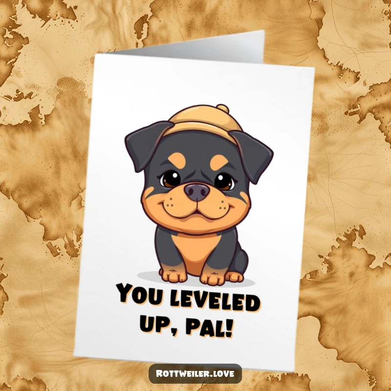 Funny Free Printable Congratulations Card showcasing a kawaii rottweiler in a cute hat with a goofy, happy expression.
