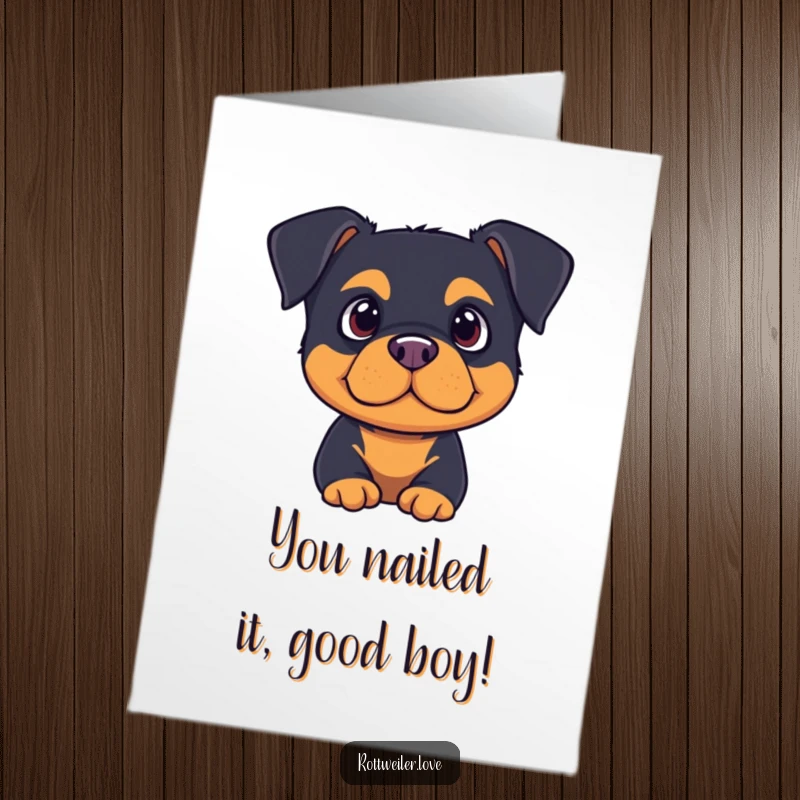 Free Printable Congratulations Card: A cute rottweiler with perked ears intently listens to good news.