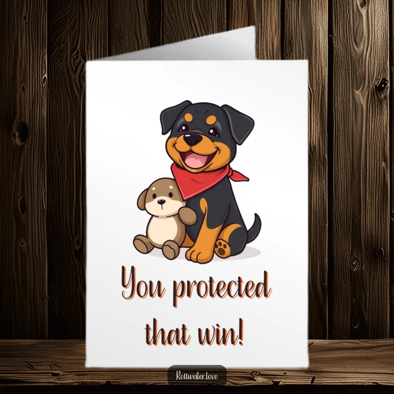 Funny Free Printable Congratulations Card: A Rottweiler wearing a bandana, protectively watching over a prized plush toy.