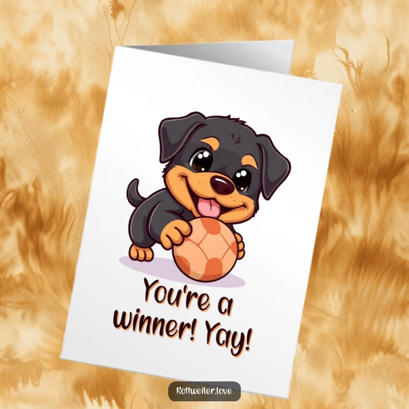 Funny free printable congratulations card depicts a happy Rottweiler playfully nudging a rolling ball.