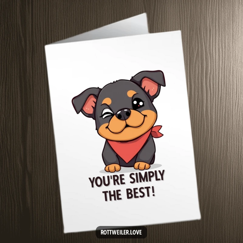 Funny free printable congratulations card depicts a Rottweiler in a silly bandana giving a playful wink.