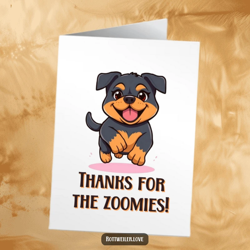 Funny free printable thank you card: A Kawaii Rottweiler running with joyful determination. A humorous downloadable card expressing thanks.