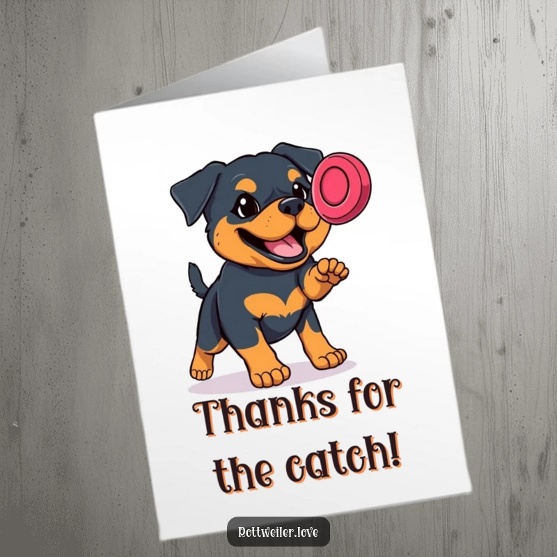 Funny free printable thank you card featuring a determined Rottweiler focused on catching a frisbee, ideal for DIY thanks.