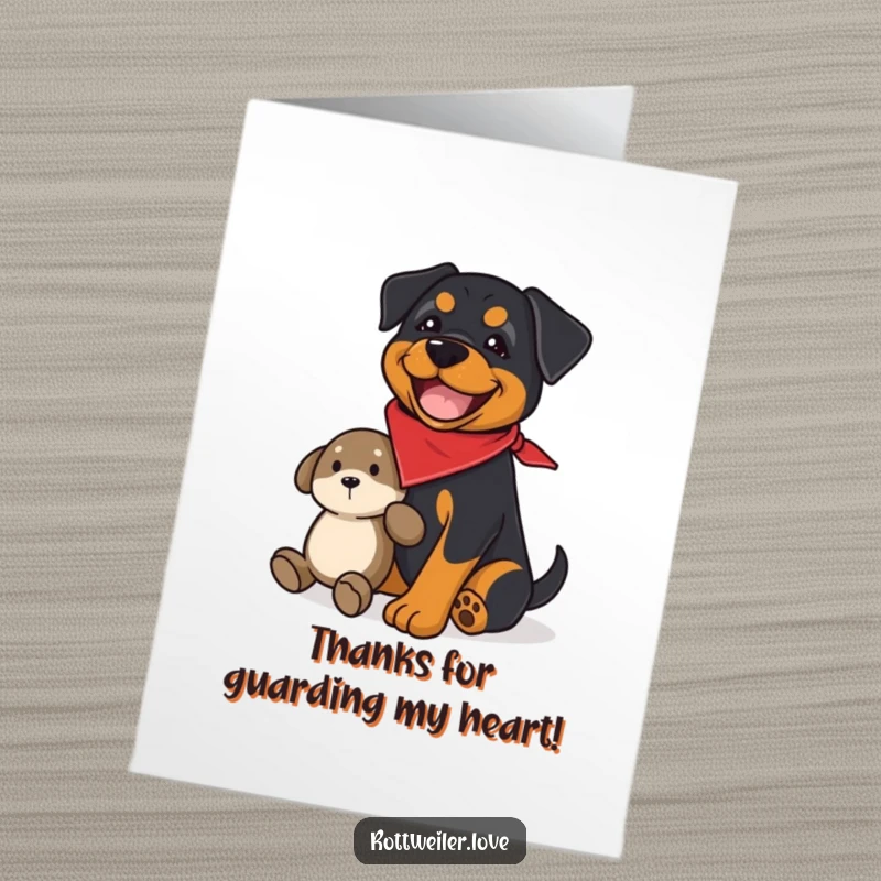Funny Free Printable Thank You Card: A bandana-wearing Rottweiler protectively hugging a plush toy, showing deep thanks.