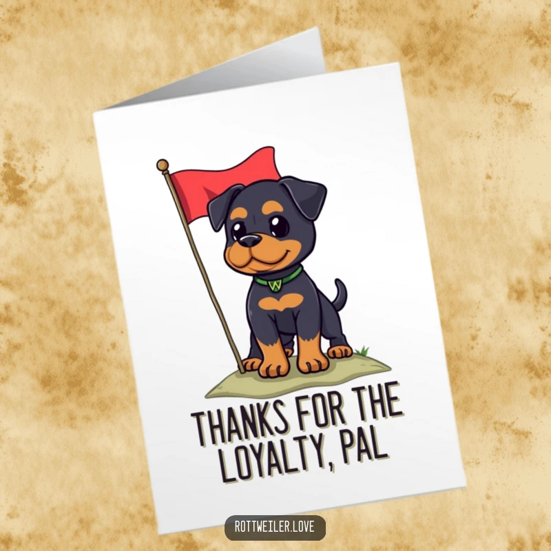 Funny Free Printable Rottweiler Thank You Card: Proud dog stands on hill with flag, offering thanks with a noble pose.