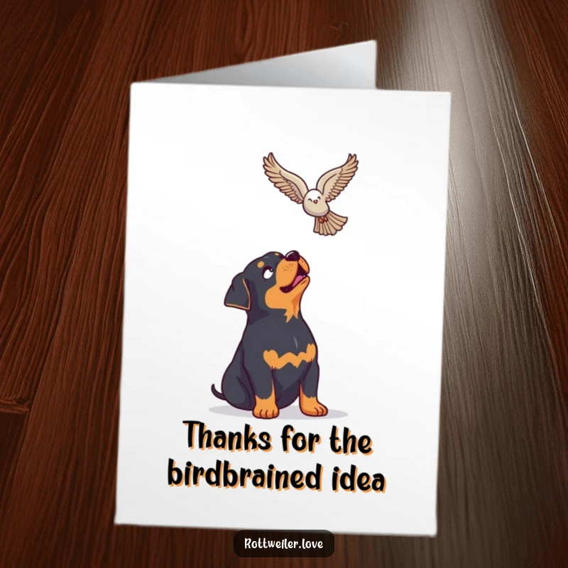 Funny Free Printable Thank You Card: A rottweiler looking up with enthusiasm at a soaring bird, sending thanks.