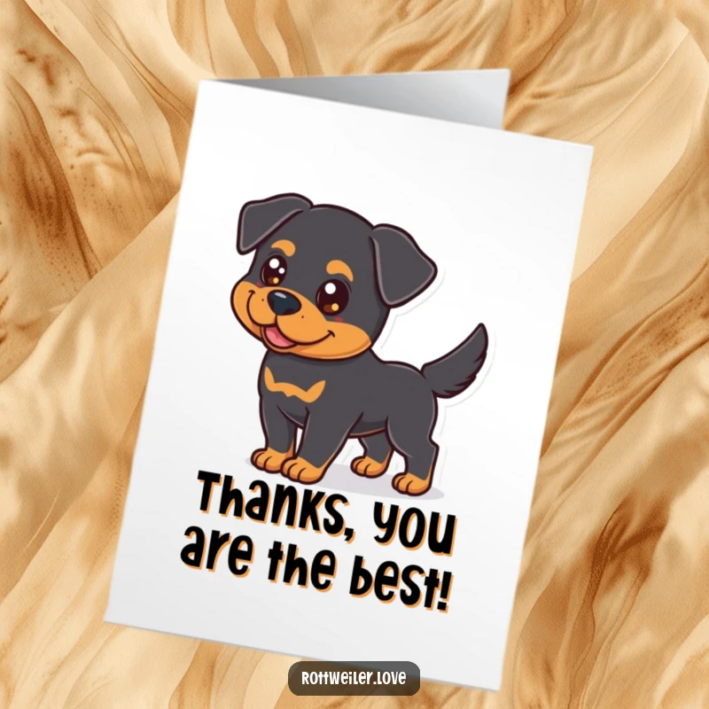Funny Free Printable Thank You Card featuring an adorable Rottweiler wagging its tail with sincere appreciation.
