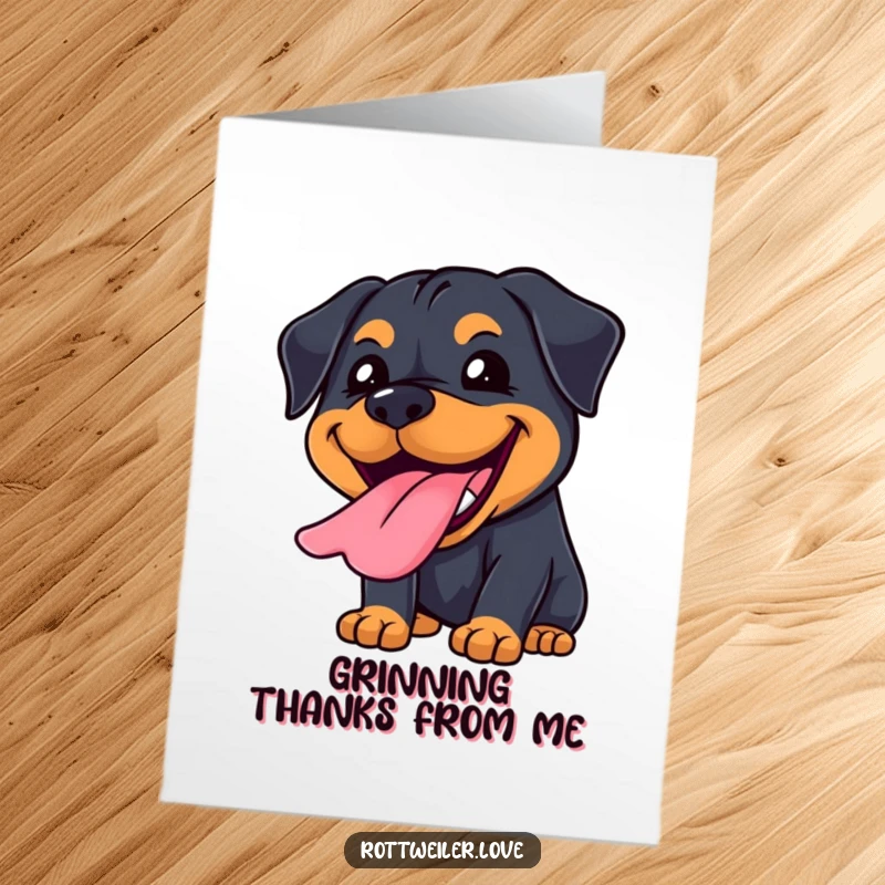 Funny Free Printable Thank You Card: A Kawaii Rottweiler showing off a big, joyful grin with its tongue lolling out.