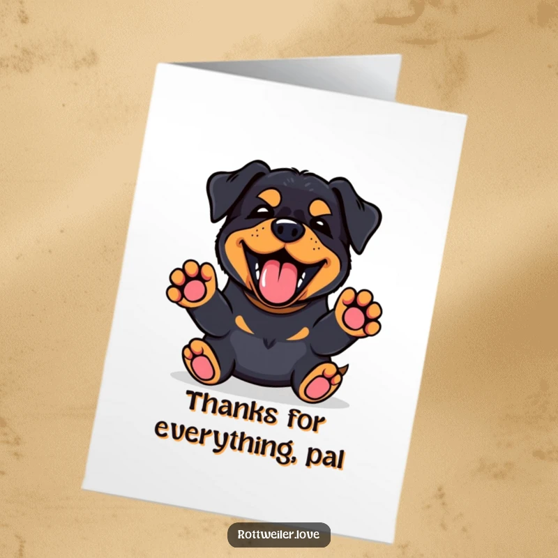 Funny Free Printable Thank You Card: Cute Kawaii Rottweiler joyfully barking with its front paws enthusiastically raised.