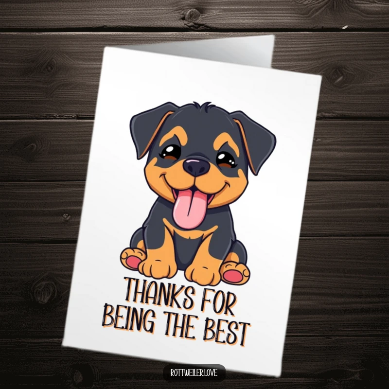 Funny Free Printable Thank You Card: kawaii rottweiler puppy winks with tongue out, a fun way to say thanks.