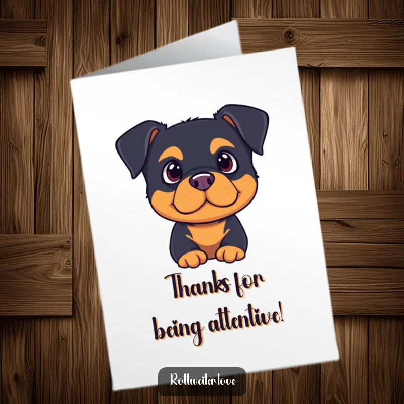 Funny Free Printable Thank You Card: A cute rottweiler with perked ears listens with gratitude.