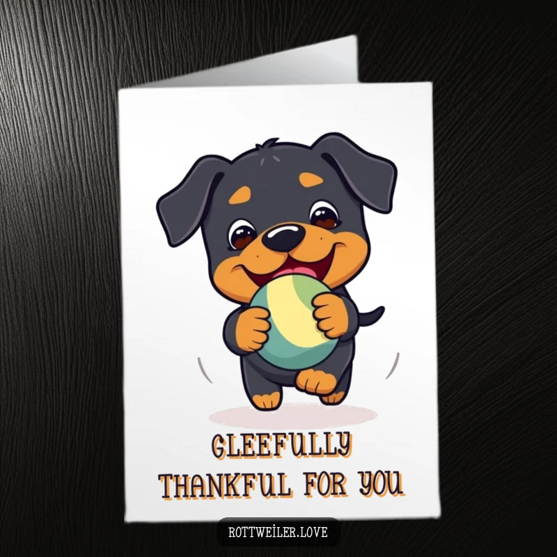 Funny Free Printable Thank You Card: A playful Kawaii Rottweiler chasing a bouncy toy with immense glee and energy.