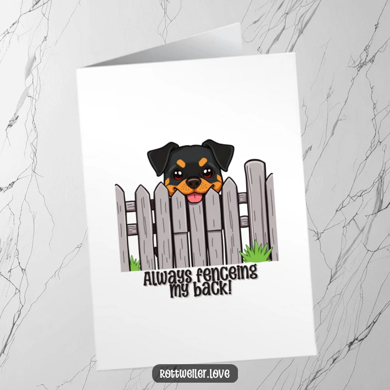 Funny Free Printable Thank You Card: Rottweiler peeks over a fence with a cheeky grin, offering thanks with a playful look.