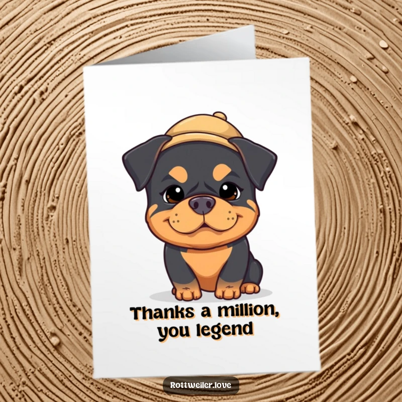 Funny Free Printable Thank You Card with a silly kawaii rottweiler sporting a tiny hat and a comical expression.
