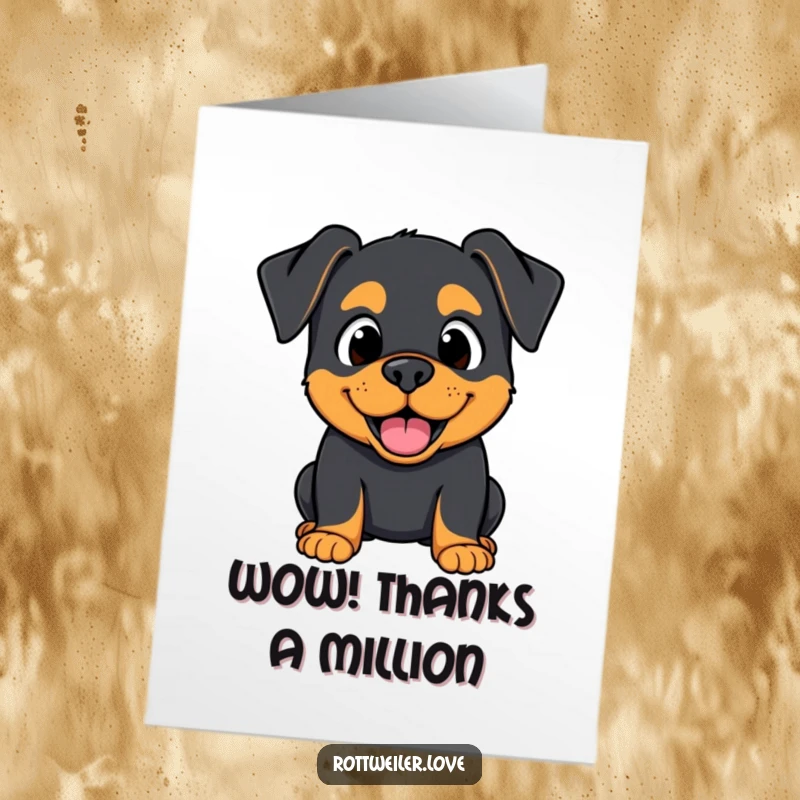 Funny Free Printable Thank You Card: A Kawaii Rottweiler with a surprised but happy expression, grateful for the kindness.