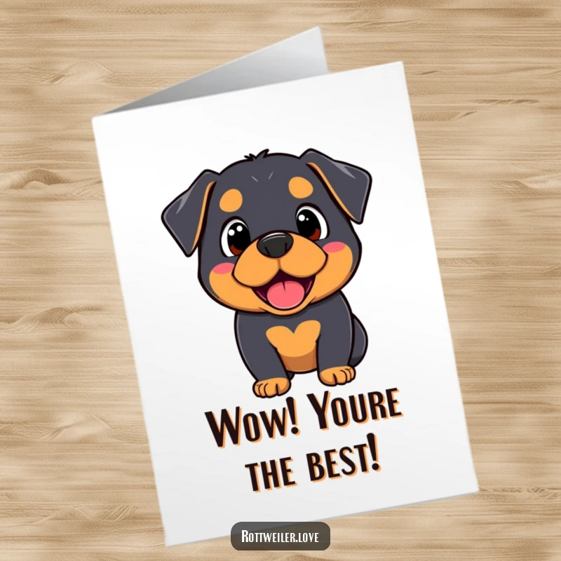 Funny free printable thank you card showing a Kawaii Rottweiler with a surprised and happy expression, thanks a bunch!