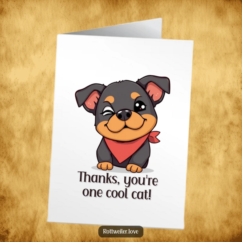 Funny free printable thank you card shows a Rottweiler wearing a silly bandana and playfully winking.