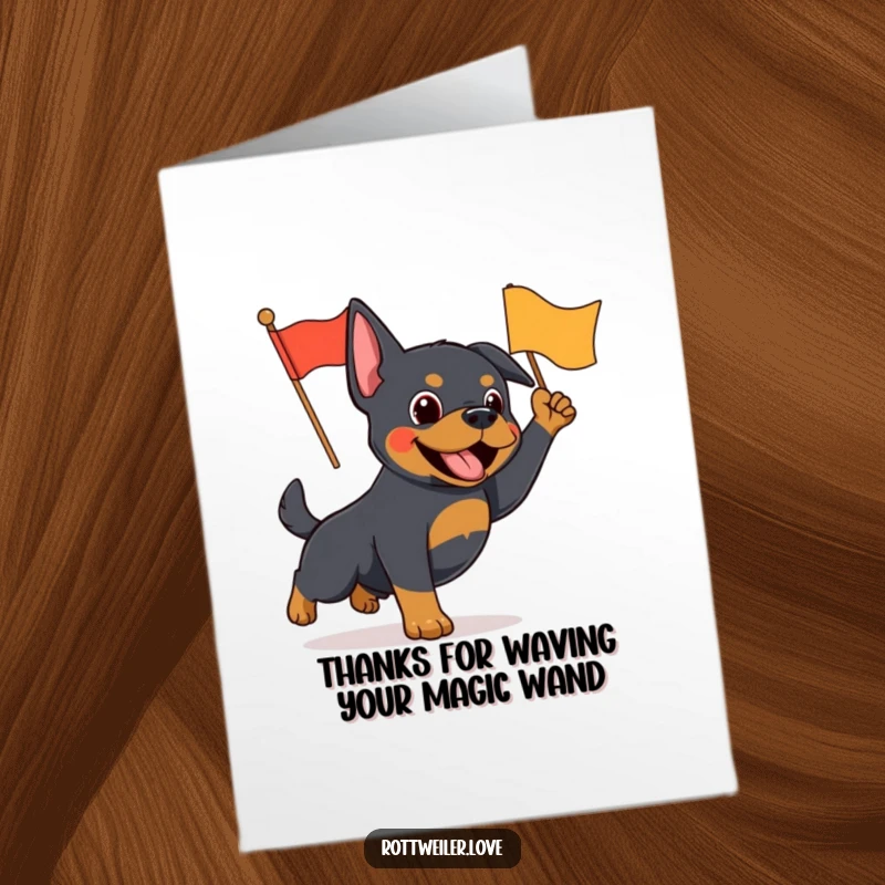 Funny Free Printable Thank You Card: A Rottweiler energetically waves a colorful flag in thanks.