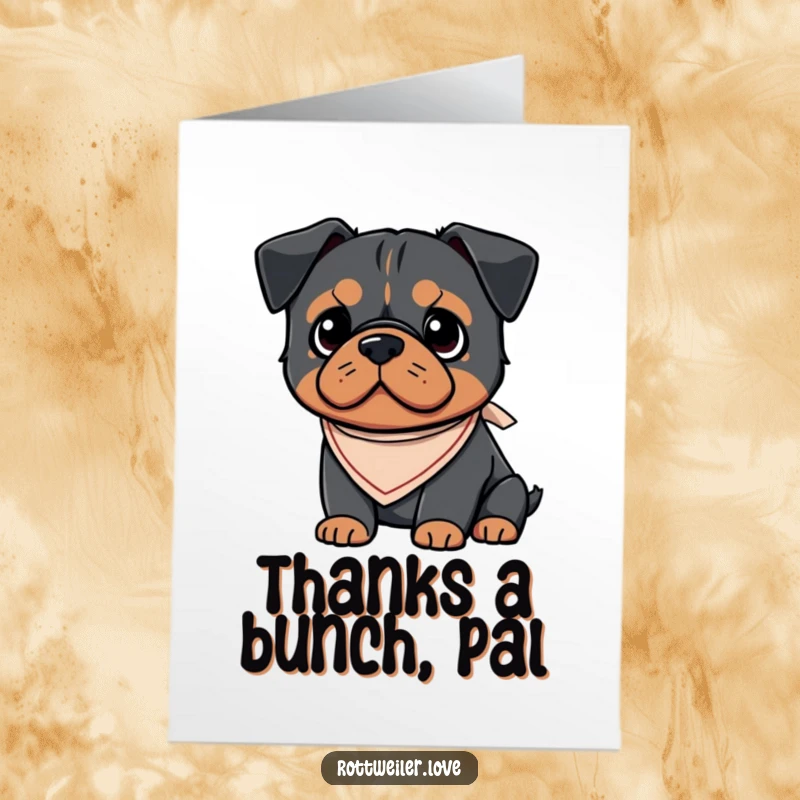 Funny free printable thank you card: Kawaii Rottweiler with a cute bandana, offering heartfelt thanks. A sweet and humorous downloadable card.