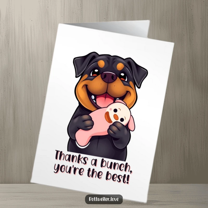 Funny free printable thank you card features a smiling Rottweiler who loves his floppy squeaky toy.