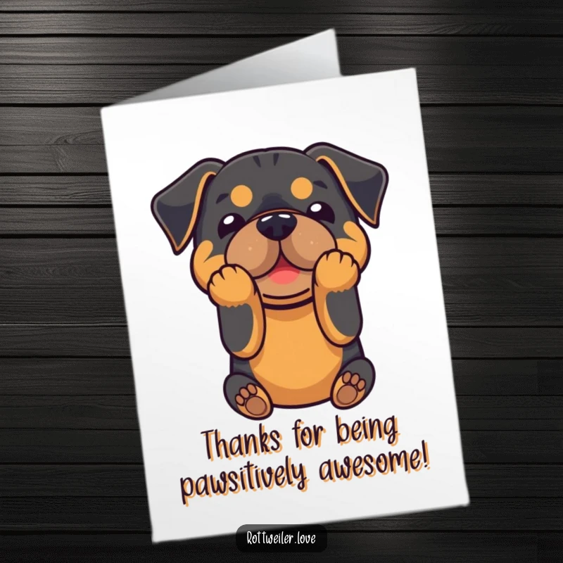Funny free printable thank you card with a Rottweiler offering a playful bow with its front paws, expressing gratitude.