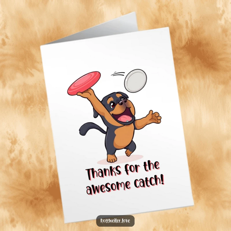 Funny free printable thank you card features an enthusiastic Rottweiler leaping high to catch a flying disc.