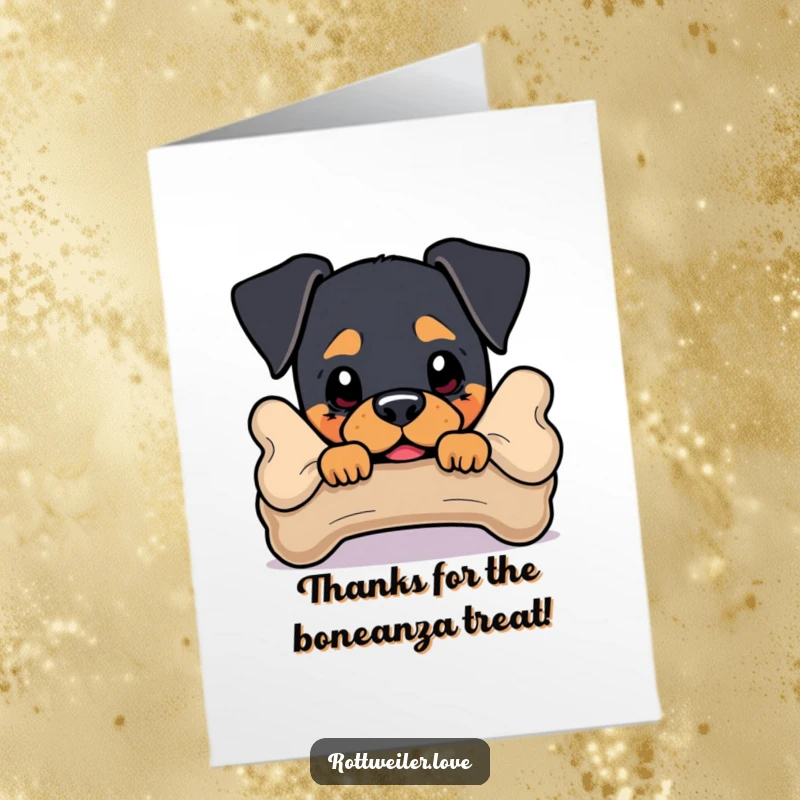 Funny Free Printable Thank You Card where a Rottweiler peeks from behind a bone, expressing thanks with humor.
