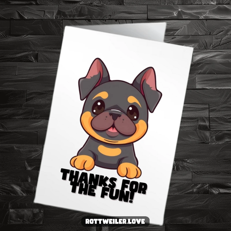 Funny free printable thank you card: Kawaii Rottweiler with perked ears, looking at something fun. A humorous and delightful downloadable card.