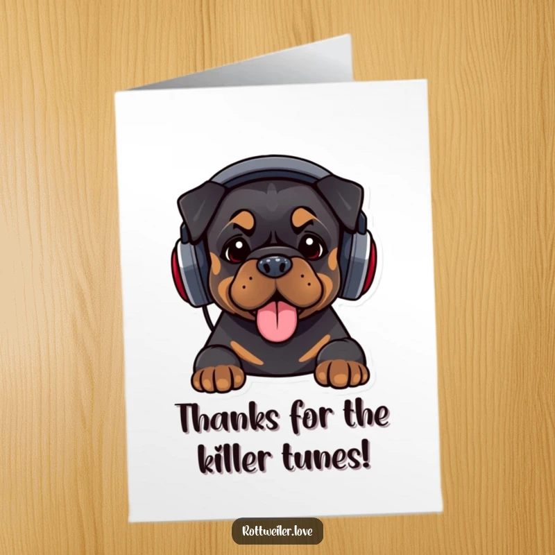 Funny Free Printable Rottweiler Thank You Card: A Rottweiler with headphones, nodding its head to the rhythm of thanks.