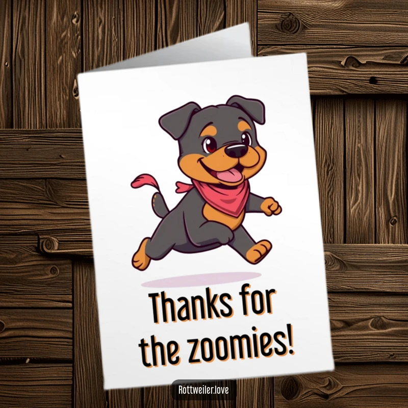 Funny Free Printable thank you card of a Rottweiler wearing a small bandana, running swiftly to convey heartfelt thanks with enthusiastic speed.