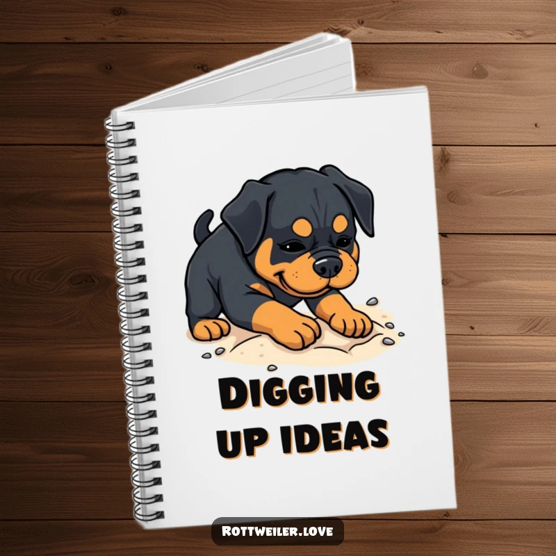 Funny Rottweiler notebook cover showing a dog playfully digging in sand, inspiring fun ideas and note-taking.