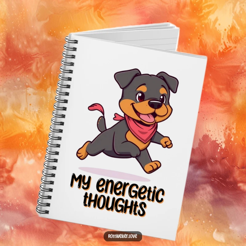 Funny Rottweiler notebook with a stylish Rottweiler wearing a small bandana, conveying energy and readiness for tasks. Lined pages.